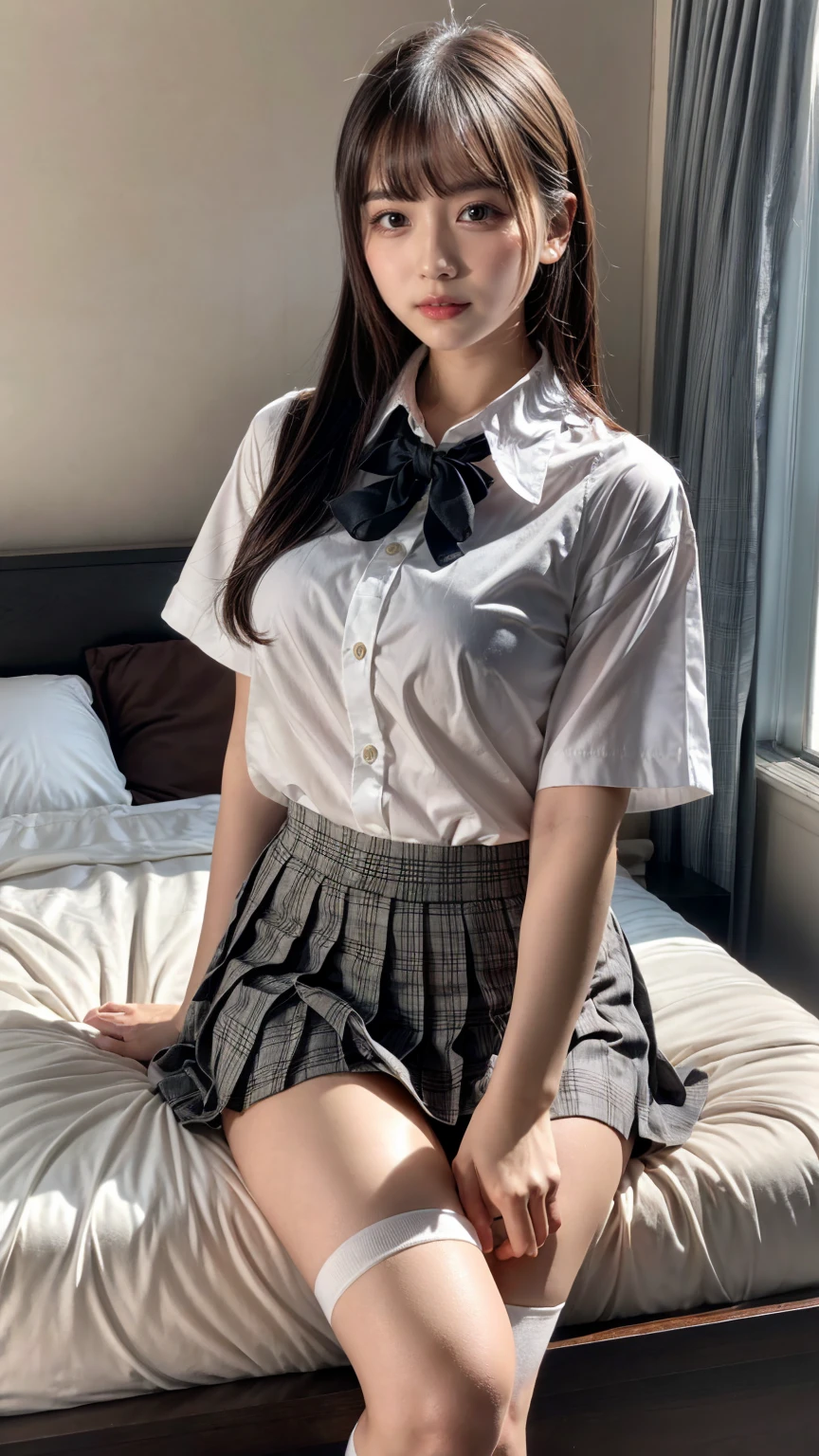 (8K, RAW Photos, Highest quality, masterpiece:1.2), (professional photography, full colors, studio-caliber color grading), (Gravure quality for high-end fashion magazines), BREAK,18 year old girl, (boyish:1.15), (mannish:1.1), Big Natural Color Lip, Plumpy body, (smooth skin:1.1), (huge breasts:1.0), BREAK (school uniform:1.2), ((loose style, tucked out tops):1.2), (fusion of oversized white tunic and white collared-shirt with untucked:1.4), (short sleeve:1.3), (button-up:1.4), (black and gray plaid pattern pleated mini skirt:1.2), (thigh skin:1.4), (socks:1.2), (loafers:1.1), BREAK hotel room