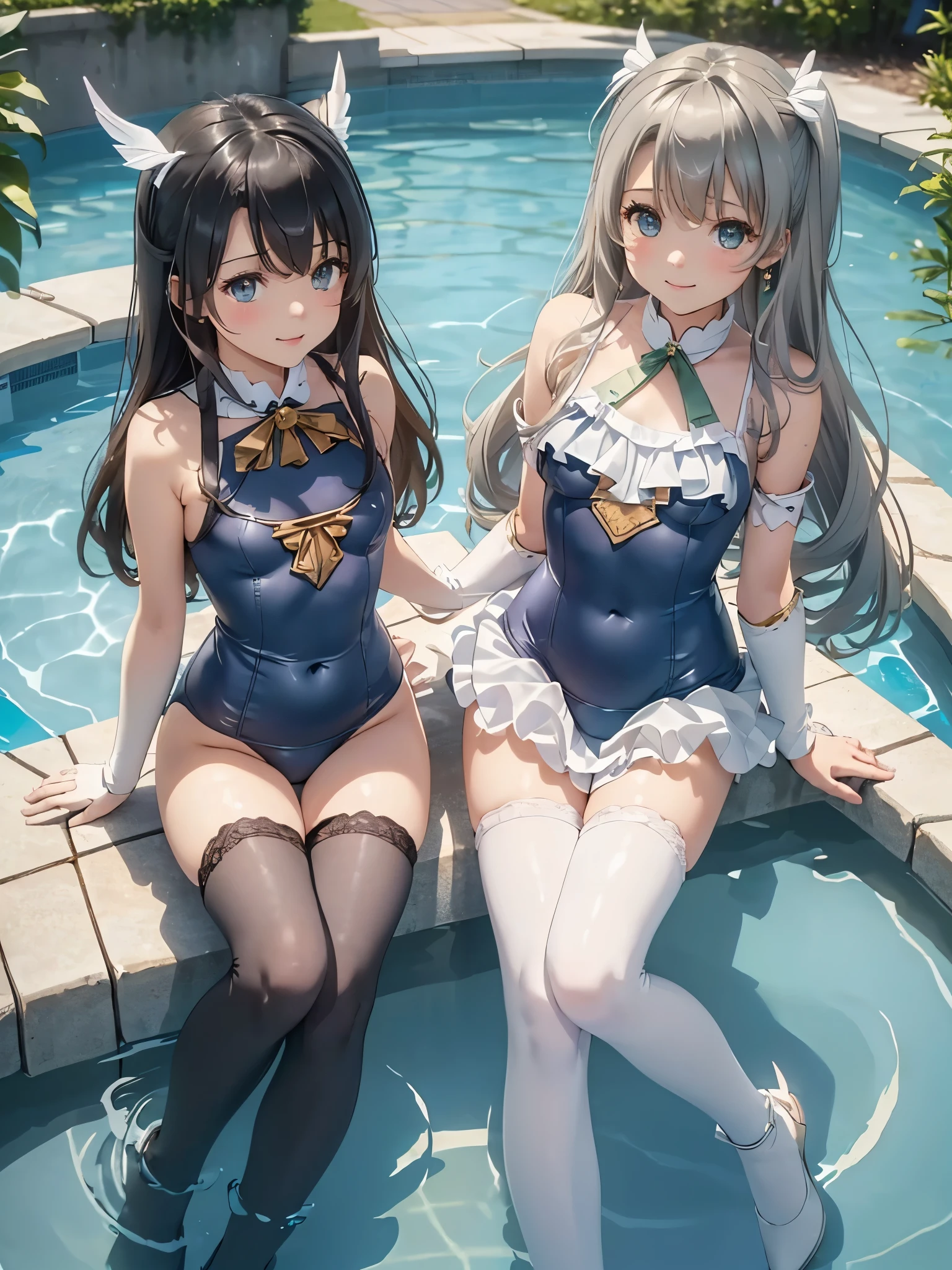 ((masterpiece)), ((highest quality、Ultra high definition)), (Very detailed),8k、Photo quality、((Amazingly cute girl)),****************)), Two people, , (Beautiful emerald blue eyes), ((smile、Small breasts)),In the open-air bath overlooking the sea, Beautifully arranged black hair in twin tails、Slim Body、(((Cute magical girl style swimsuit)))、Professional Lighting、(White lace knee-highore detailed and beautiful)、(More details and cutenesore realistic)、((Just wear light clothing))、Frolic in the pool、((unbelievably cute))、((A cute pose))、