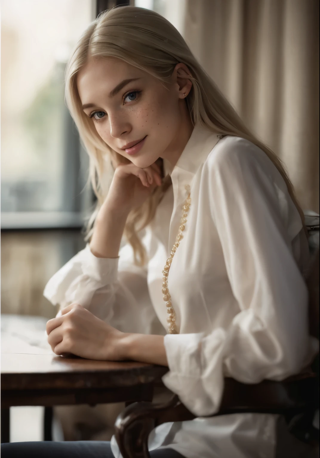 Woman, americana, age 25, pale skin and freckles, grey-eyed, delicate nose, soft and delicate lips, distant, cabelo blondie distant e ondulado na altura da cintura, Sweet smile, face with delicate feminine facial features, highly rendered, black leather pants