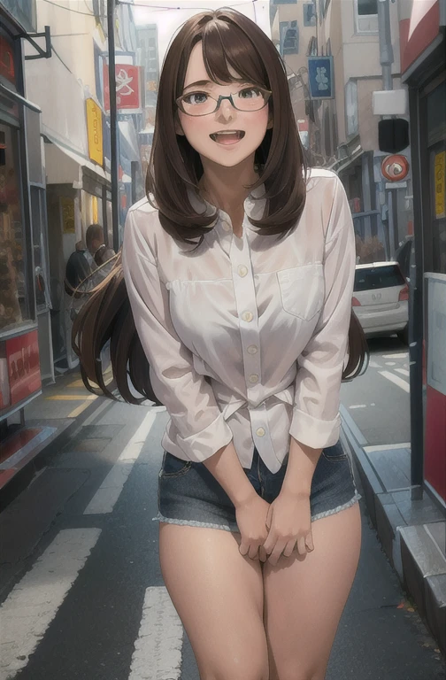 masterpiece, best quality, ultra-detailed, illustration,
remote controller, remote control, 1girl, glasses, solo, brown hair, long hair, laughing, holding, pov, realistic, street, road, city, 
 