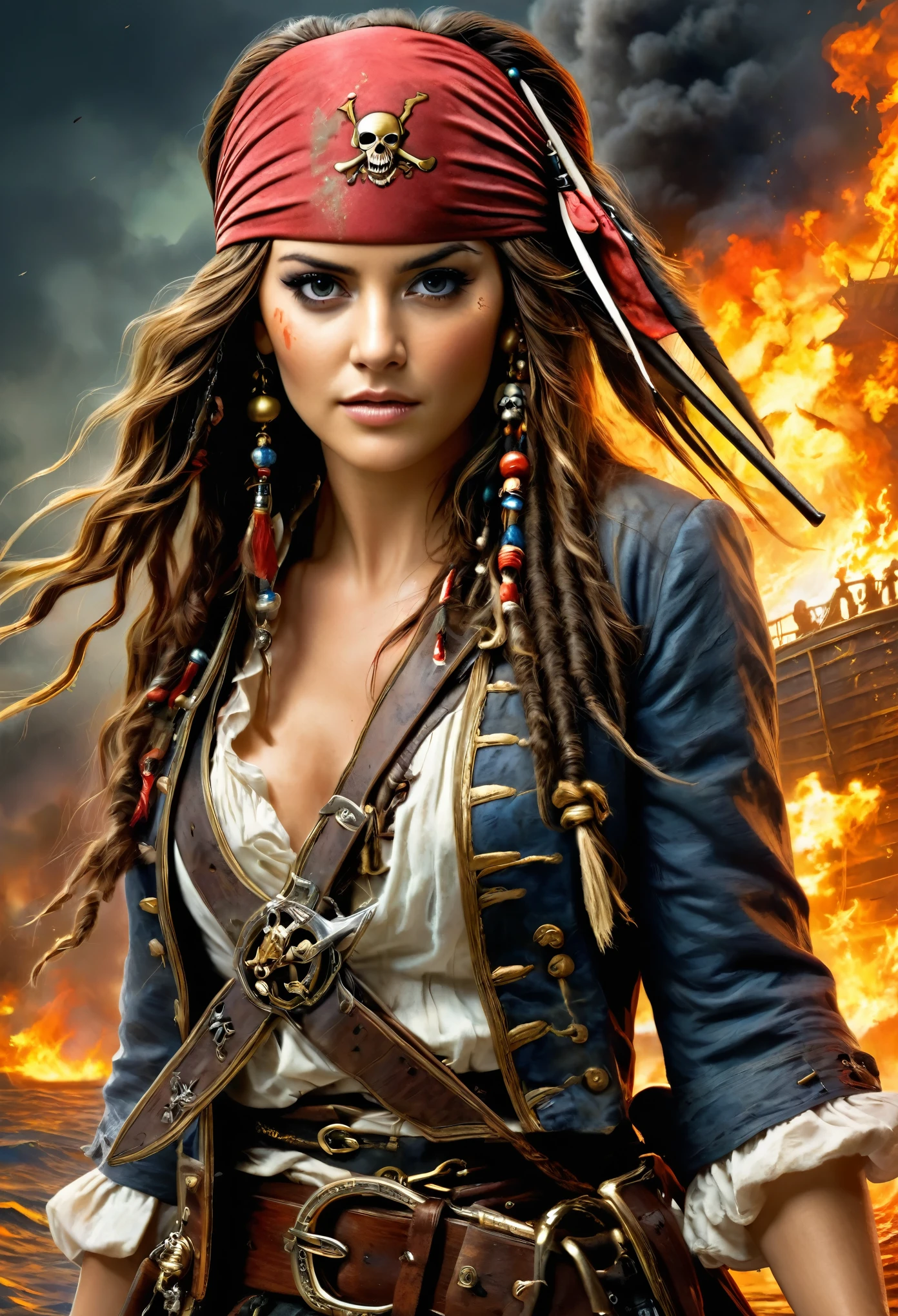 (8k, Highest quality, masterpiece)，{Realistic, RAW Photos, Super Fine Clear, Impressionist painting, Full body portrait, (Impressionist paintingの影響を受けた, Pirates of the Caribbean:1.6)}, Sexy female pirate, huge bouncing busts, A big uproar, Fight enemies on the deck of a burning pirate ship, Pirate Combat, Deadly Combat, Fierce Battle, Heat, Blood splatter, Vibrant