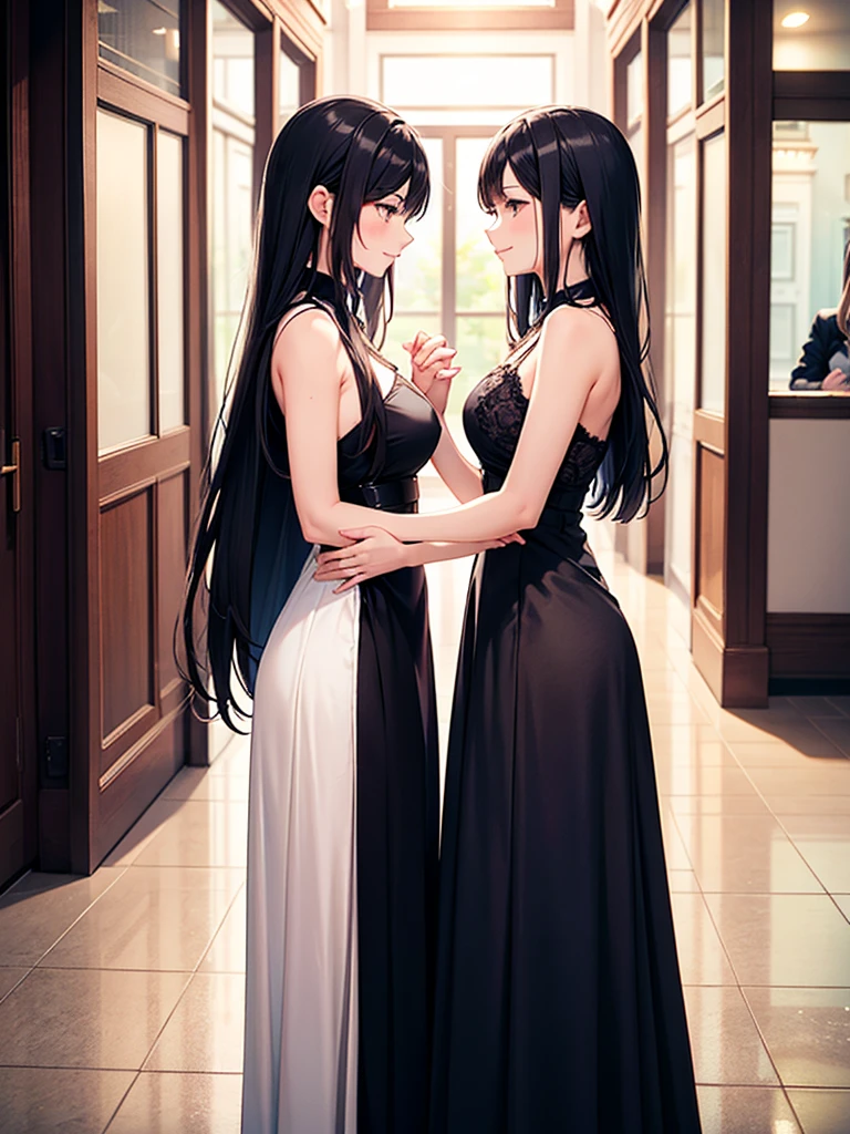 An embarrassed Europoid girl standing in full height and holding awkwardly by the hand a second embarrassed Asian girl who looks at her defiantly with a smirk. Both girls are looking at each other, faces turned towards each other, both girls are beautifully dressed in modern style clothes, standing in full height, two beautiful girls of Europoid and Asian appearance. The girls stand a meter away from each other and reach out their hands to each other