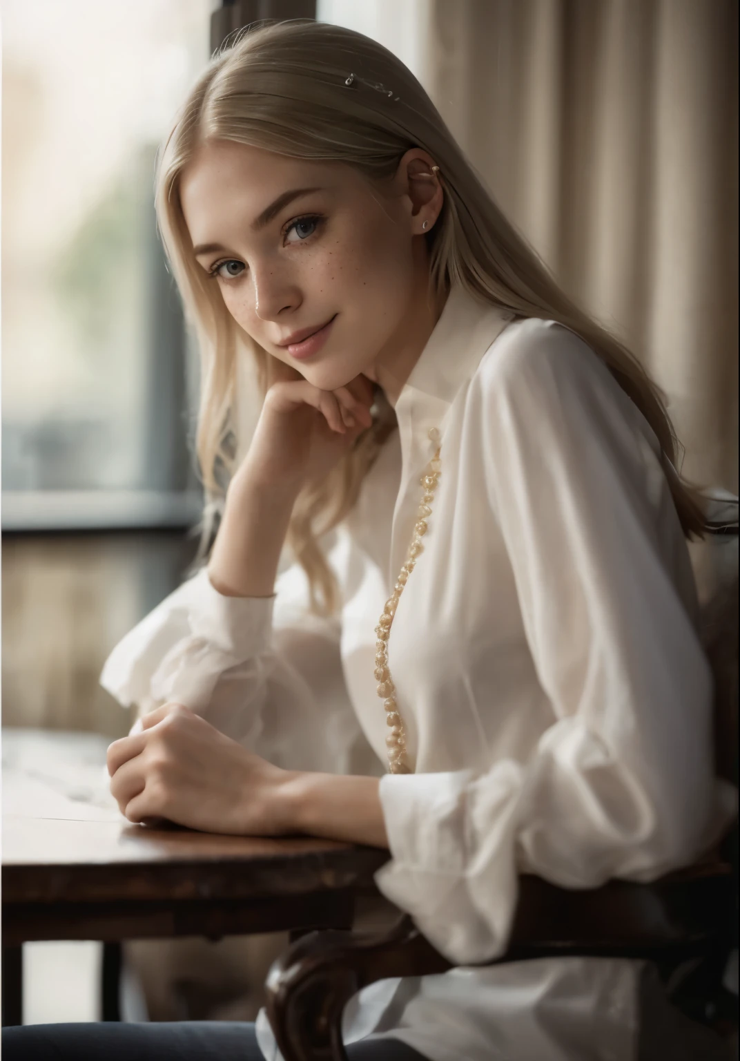 Woman, americana, age 25, pale skin and freckles, grey-eyed, delicate nose, soft and delicate lips, distant, cabelo blondie distant e ondulado na altura da cintura, Sweet smile, face with delicate feminine facial features, highly rendered, black leather pants