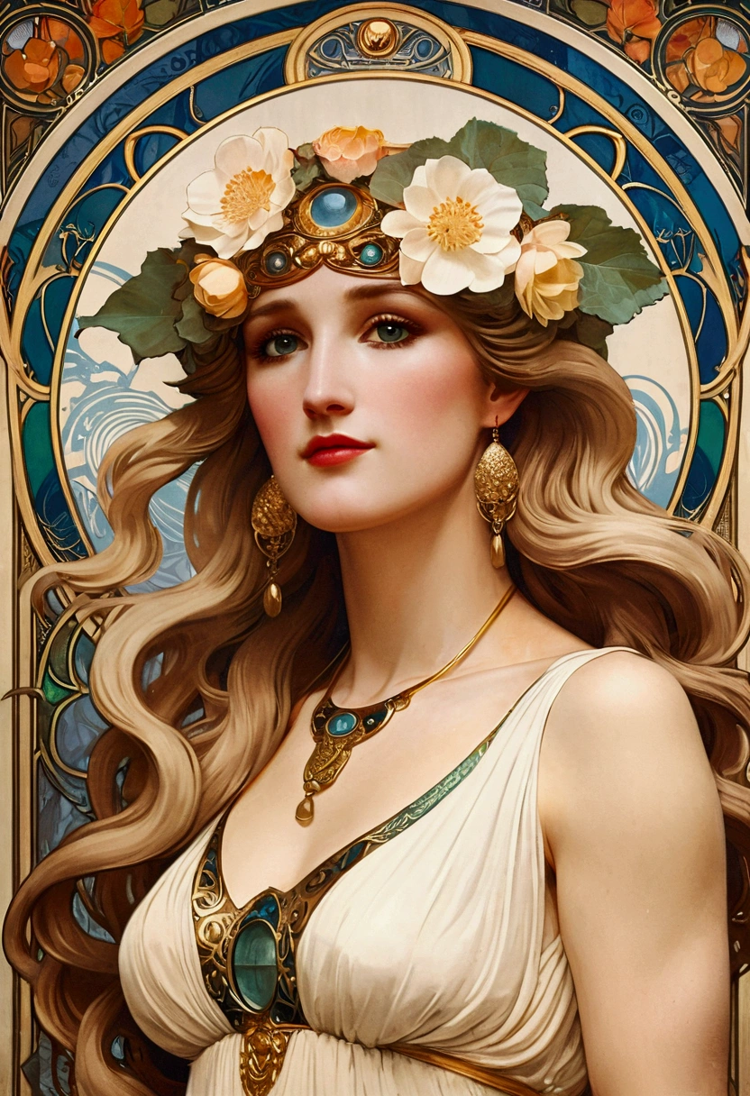 European woman portrait,goddess, above waist, Long flowing hair, Blonde, Oil painting, Model imposing, flower frame, decorative panel, abstraction, directed by: Alphonse Mucha (Main part, extremely high quality, High resolution: 1.4), detailed, intricate details, splash of colour, Line art, Fibonacci, Wear underwear, atmospheric perspective, Art Nouveau, 4k