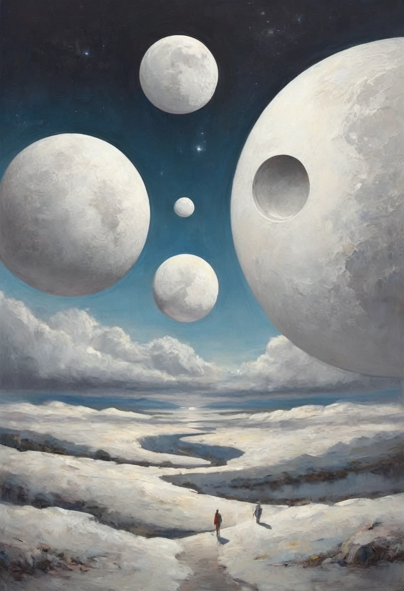 two white moons(((White Theme))), White space, Large open spaces, ((Surrealism, Psychedelic))