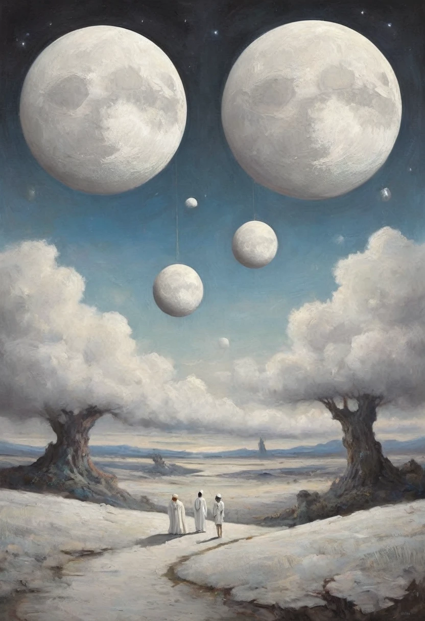 two white moons(((White Theme))), White space, Large open spaces, ((Surrealism, Psychedelic))
