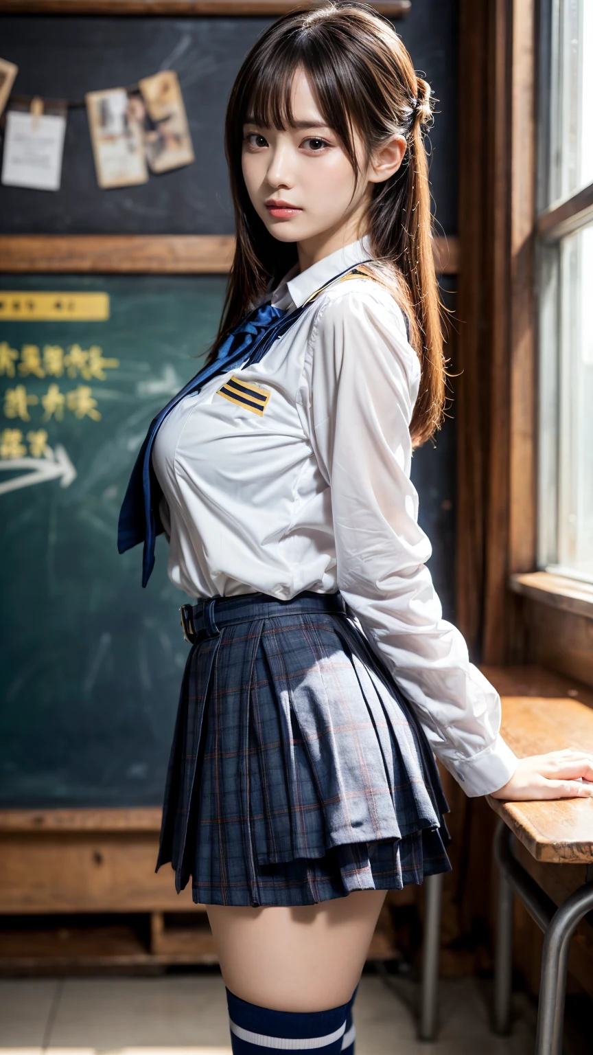 masterpiece, best quality, illustration, Super detailed, fine details, High resolution, 8K,wall paper, perfect dynamic composition,(Details High quality, realistic depiction of eyes:1.3), from side, High School Classroom、High school girl uniform、blazer 、Super Short Check Uniform Skirt、Navy blue high socks、garterbelts、plump breasts, Disturbed uniform,  (updo:1.2), black hair color, large breasts, Big Natural Color Lip, bold sexy pose, (perfect body shape), crying a little、20 year old girl、cute type, beautiful legs, hposing Gravure Idol, Voluptuous thighs