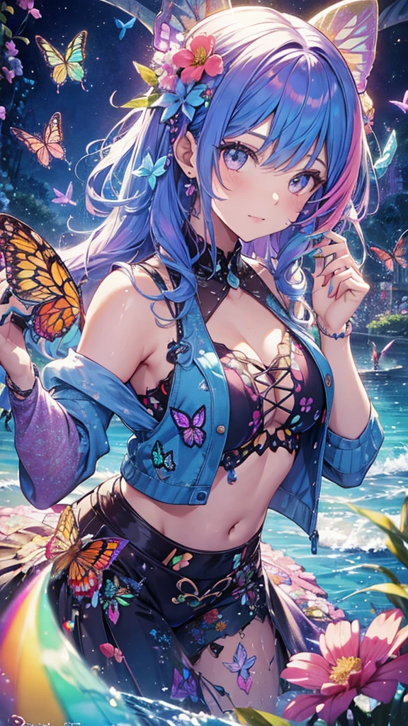 Cute woman with rainbow hair, Colorful butterflies, water, Colorful flowers