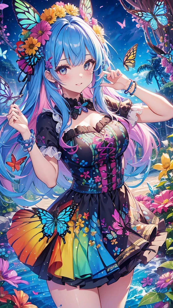 Cute woman with rainbow hair, Colorful butterflies, water, Colorful flowers