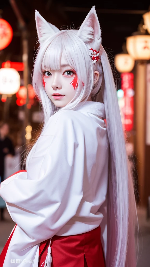 White Demon Fox、Nine-tailed Fox、Japanese women、kimono、Fair skin、Red lines on face、8K、I have long hair、night、front face