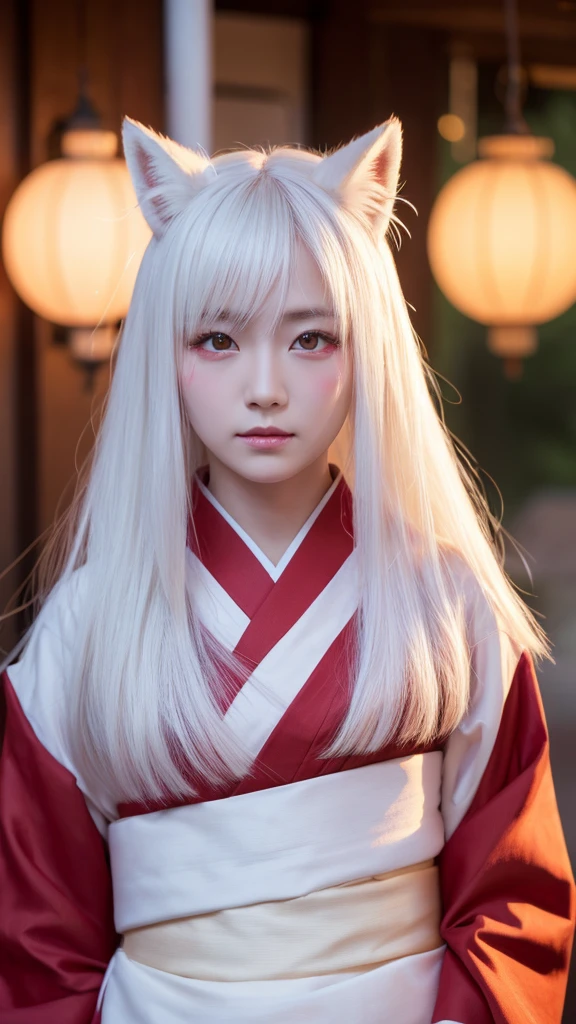 White Demon Fox、Nine-tailed Fox、Japanese women、kimono、Fair skin、Red lines on face、8K、I have long hair、night、front face