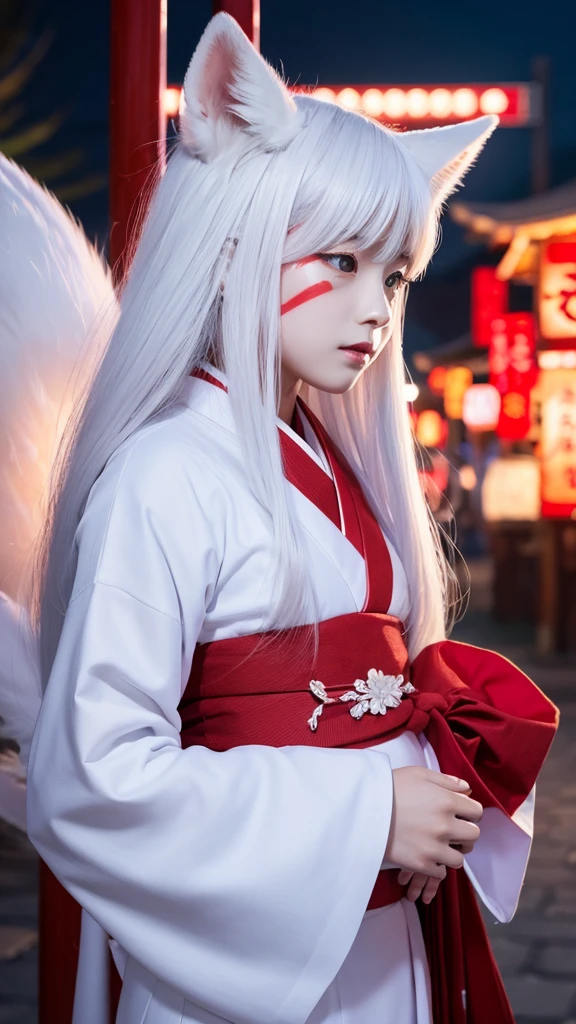 White Demon Fox、Nine-tailed Fox、Japanese women、kimono、Fair skin、Red lines on face、8K、I have long hair、night、front face