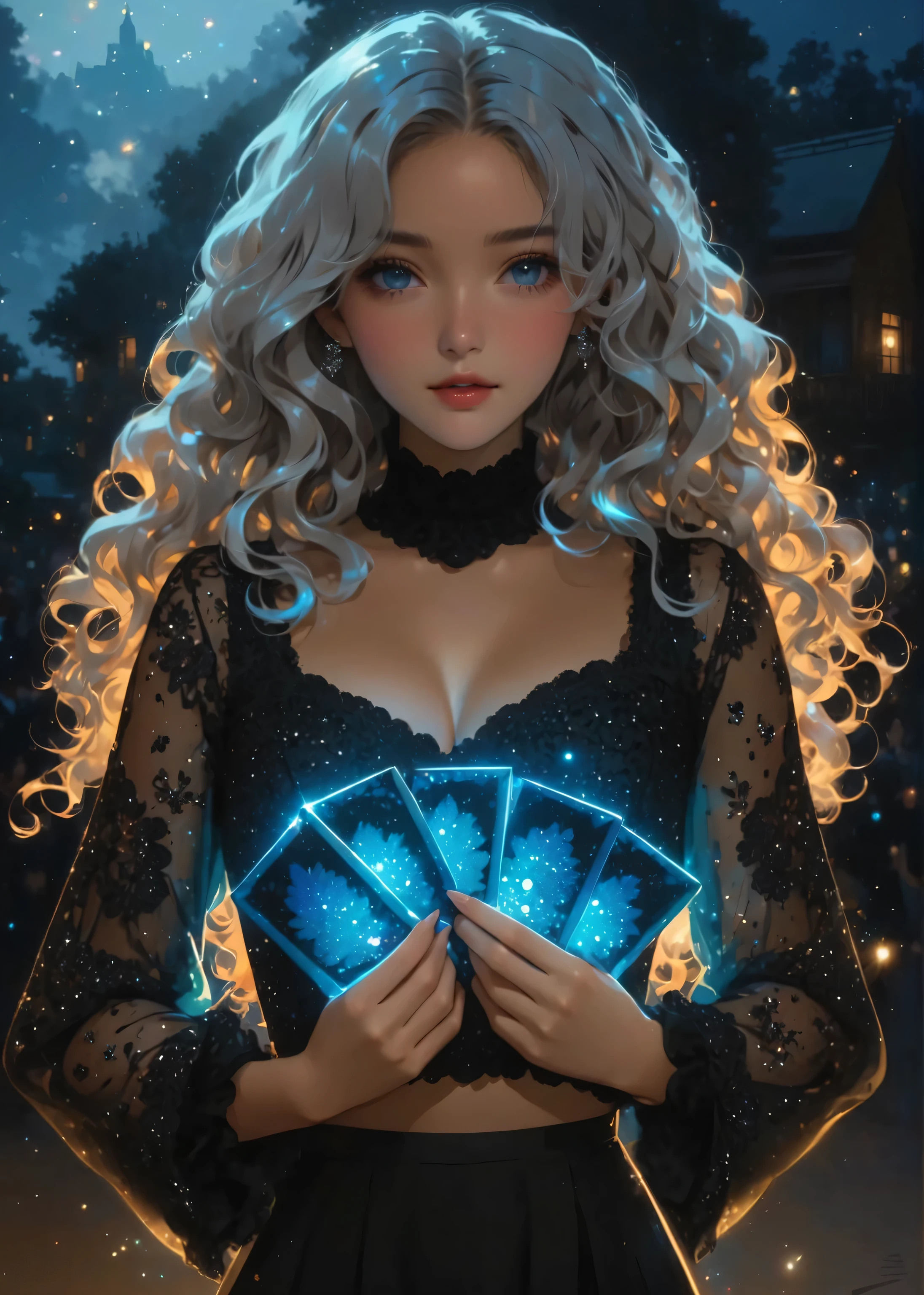 beautiful illustration, ultra-detailed, masterpiece, girl, wavy hair, lace clothes with glitter