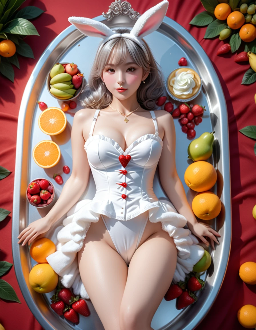 Full Body Portrait:1.4、A top-down shot of a bunny girl lying on a large silver tray:1.5、Lift your thighs and spread your legs wide:1.5、Detailed thighs、Detailed crotch、Decorate with lots of fruit and whipped cream、Casino Background、(Anatomically accurate body structure)、 (Highest quality、4K、8k、High Resolution、masterpiece:1.2)、Super detailed、(Real、Photorealistic、Photorealistic:1.37)、Detailed eyes、Detailed face、gorgeous、elegant、Impression