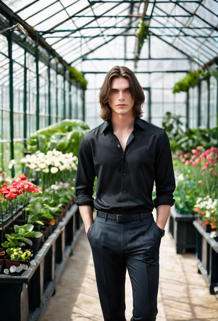 High quality, masterpiece, high definition, ****ung man, 20 years old, dark well-groomed shoulder length hair (3.0), enchanting pale blue eyes (2.0), black shirt (3.0), black homey trousers, full body portrait (3.0), faint smile(2.5), quiet expression (4.0), luxurious greenhouse (4.0), genuflecting (4.0), taking care of delicate flowers (4.5), butler not far away(5.0).