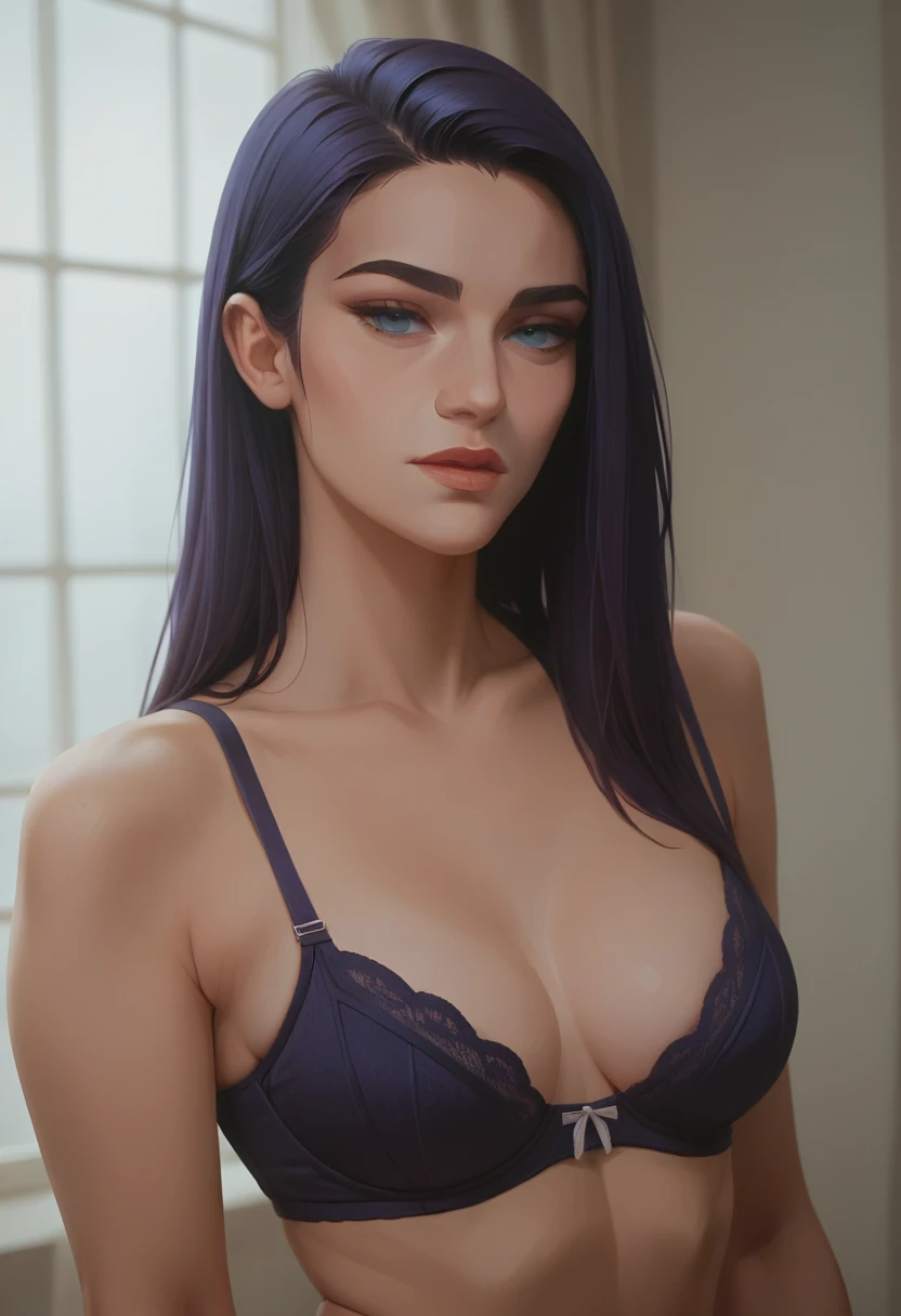 (masterpiece) (best quality) (detailed), Arcane style, detailed face, Caitlyn smiles, sexy bra