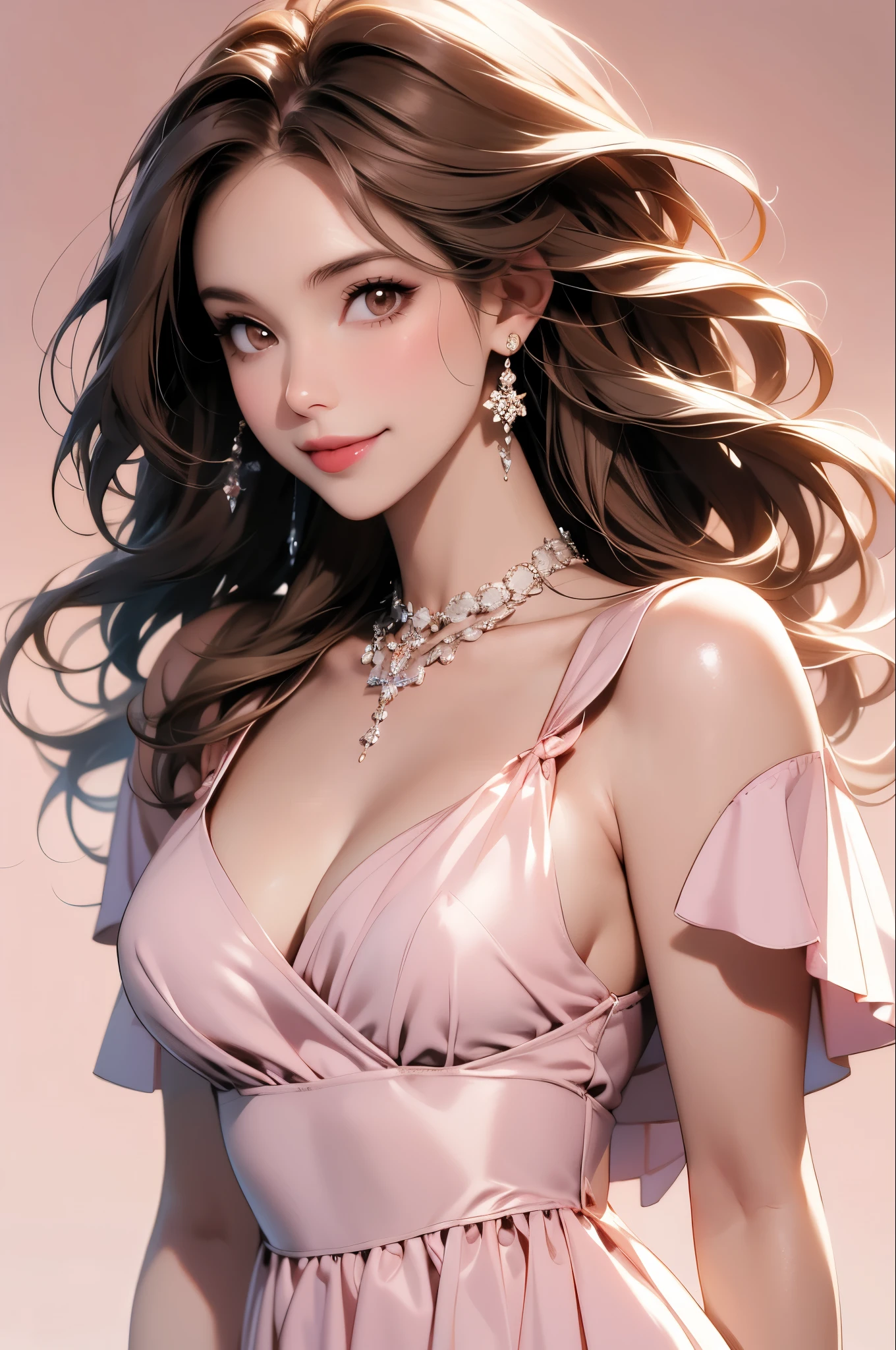 high resolution,smile,woman,woman1人,adult,Clear,cute, Brown Hair,BREAK, Brown eyes,BREAK, Hostess,Silver Dress,Diamond Necklace,BREAK, Facing forward,BREAK,Pink background,Light on head,