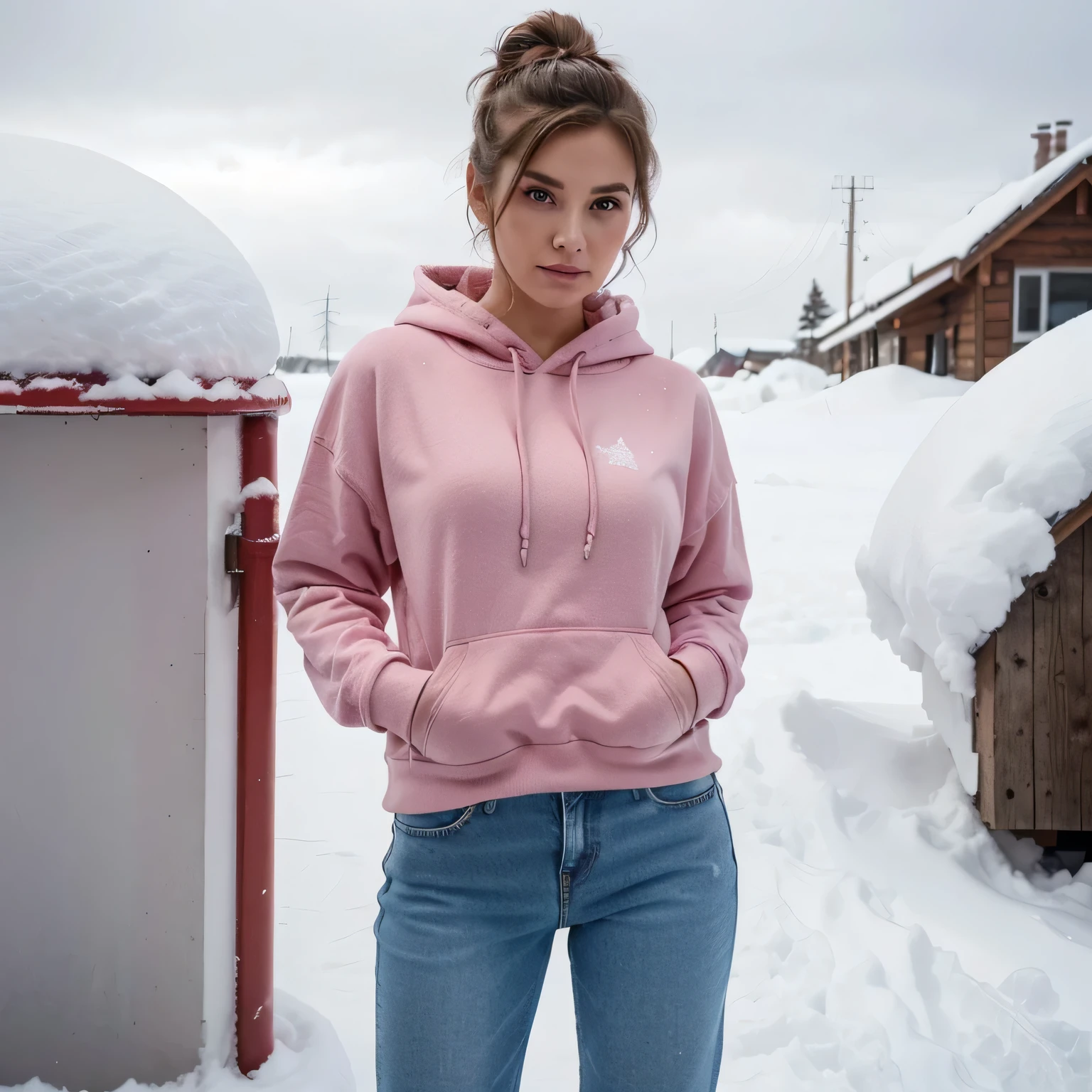 A woman wearing pink hoodie, denim pants, updo hairstyle,
beautiful, perfect face, perfect eyes, perfect finger. Perfect thigh.
Hands on pocket. in the north pole full of snow. Sunny day 