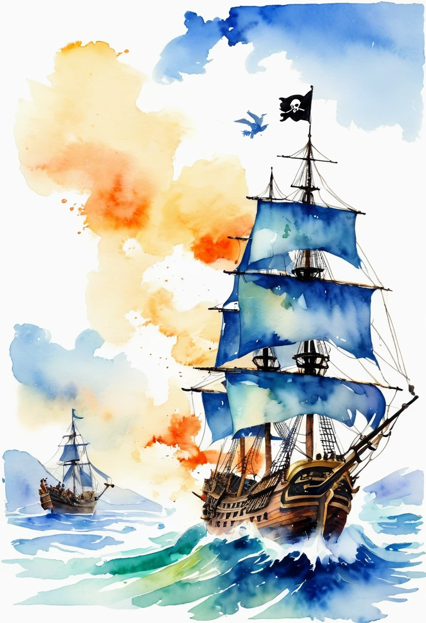(best quality, high resolution, Watercolor Pirate War