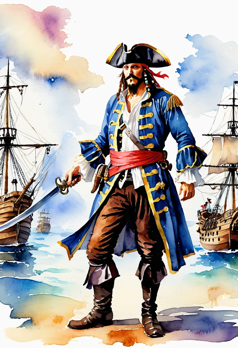 (best quality, high resolution, Watercolor Pirate War