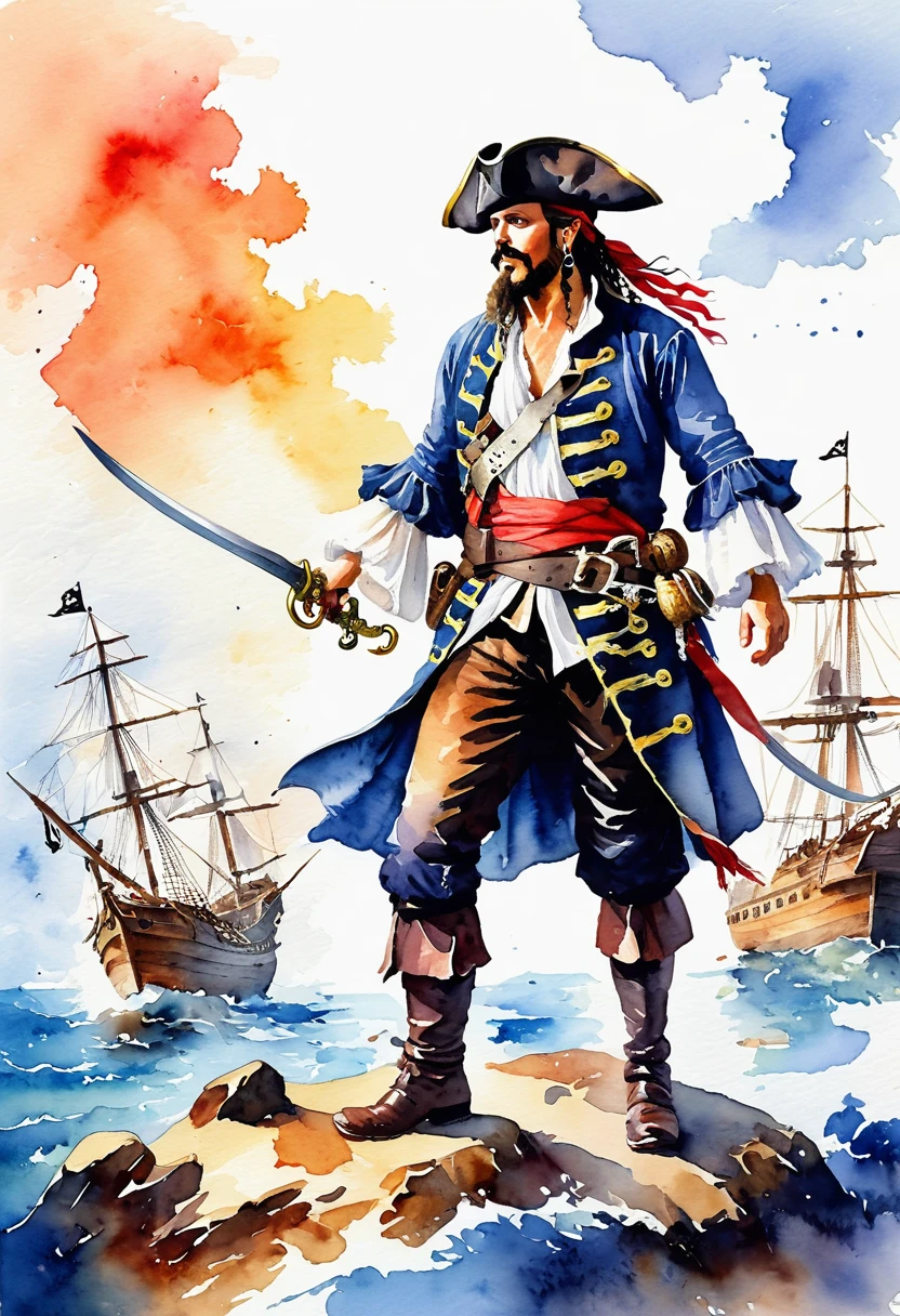 (best quality, high resolution, Watercolor Pirate War