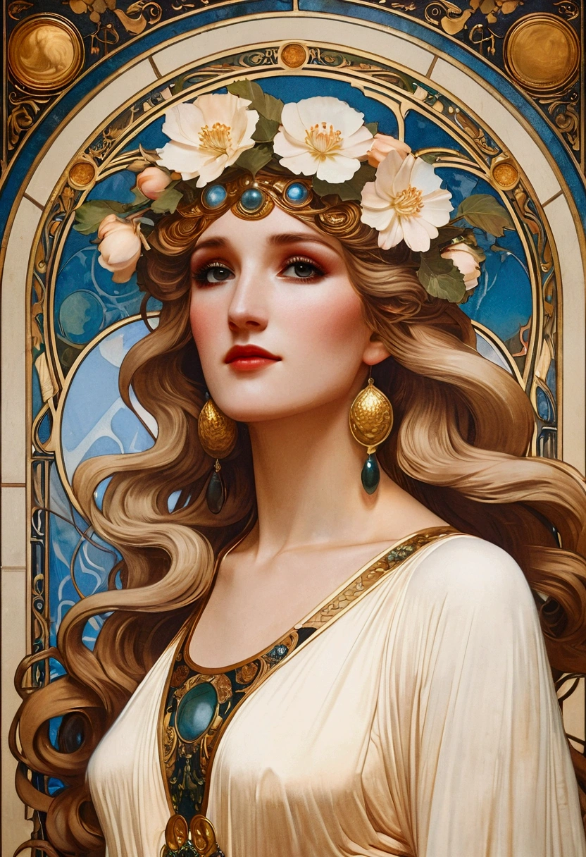 European woman portrait, goddess, above waist, Long flowing hair, Blonde, Oil painting, Model imposing, flower frame, decorative panel, abstraction, directed by: Alphonse Mucha (Main part, extremely high quality, High resolution: 1.4), detailed, intricate details, splash of colour, Line art, Fibonacci, Wear underwear, serious, expressionless, atmospheric perspective, Art Nouveau, 4k