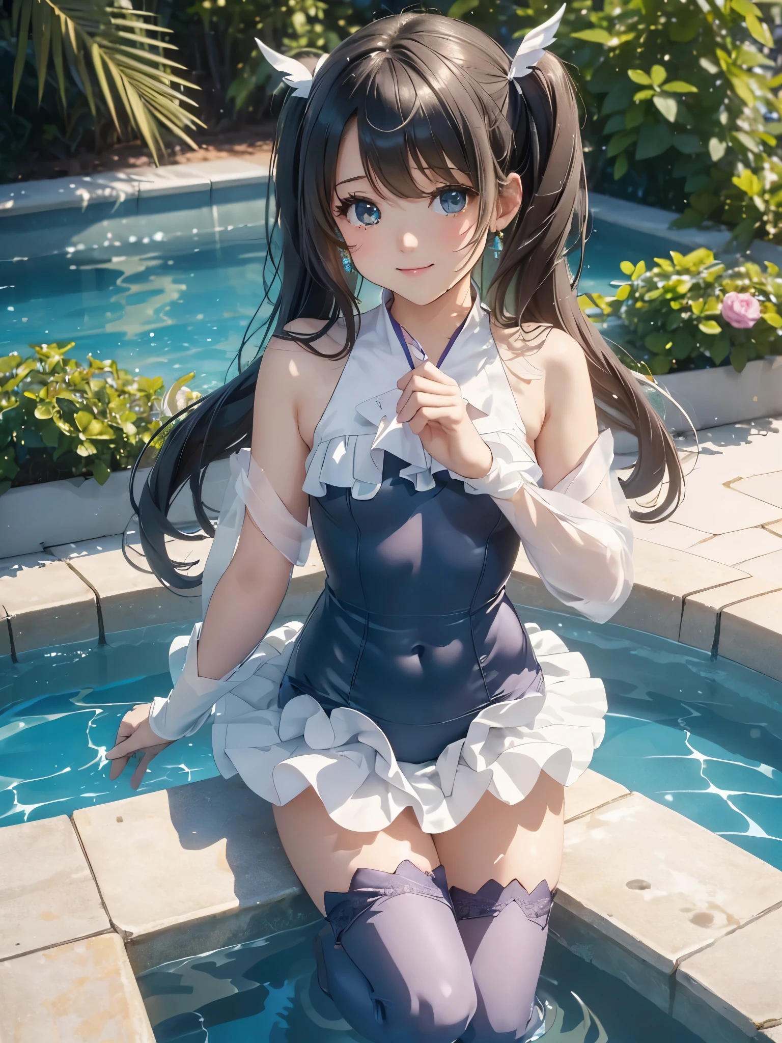 ((masterpiece)), ((highest quality、Ultra high definition)), (Very detailed),8k、Photo quality、((Amazingly cute girl)),****************)), Two people, , (Beautiful emerald blue eyes), ((smile、Small breasts)),In the open-air bath overlooking the sea, Beautifully arranged black hair in twin tails、Slim Body、(((A cute magical girl style swimsuit with flashy decorations)))、Professional Lighting、(White lace knee-highore detailed and beautiful)、(More details and cutenesore realistic)、((Just wear light clothing))、Frolic in the pool、((unbelievably cute))、((A cute pose))、