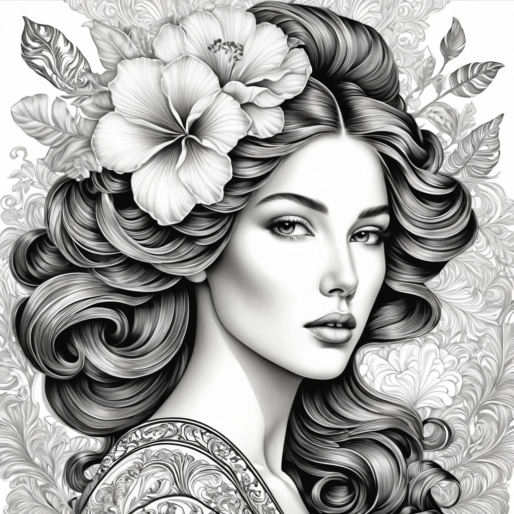 An image of a woman in a modern illustrative style, blending realistic portraiture with graphic art. Her hair flows into detailed patterns reminiscent of natural shells and floral designs, executed in black and white. The portrait captures her serene yet enigmatic expression, with a baroque sensibility in the ornate textures and motifs. The focus is on fine lines and shading to give a three-dimensional quality to the decorative elements
