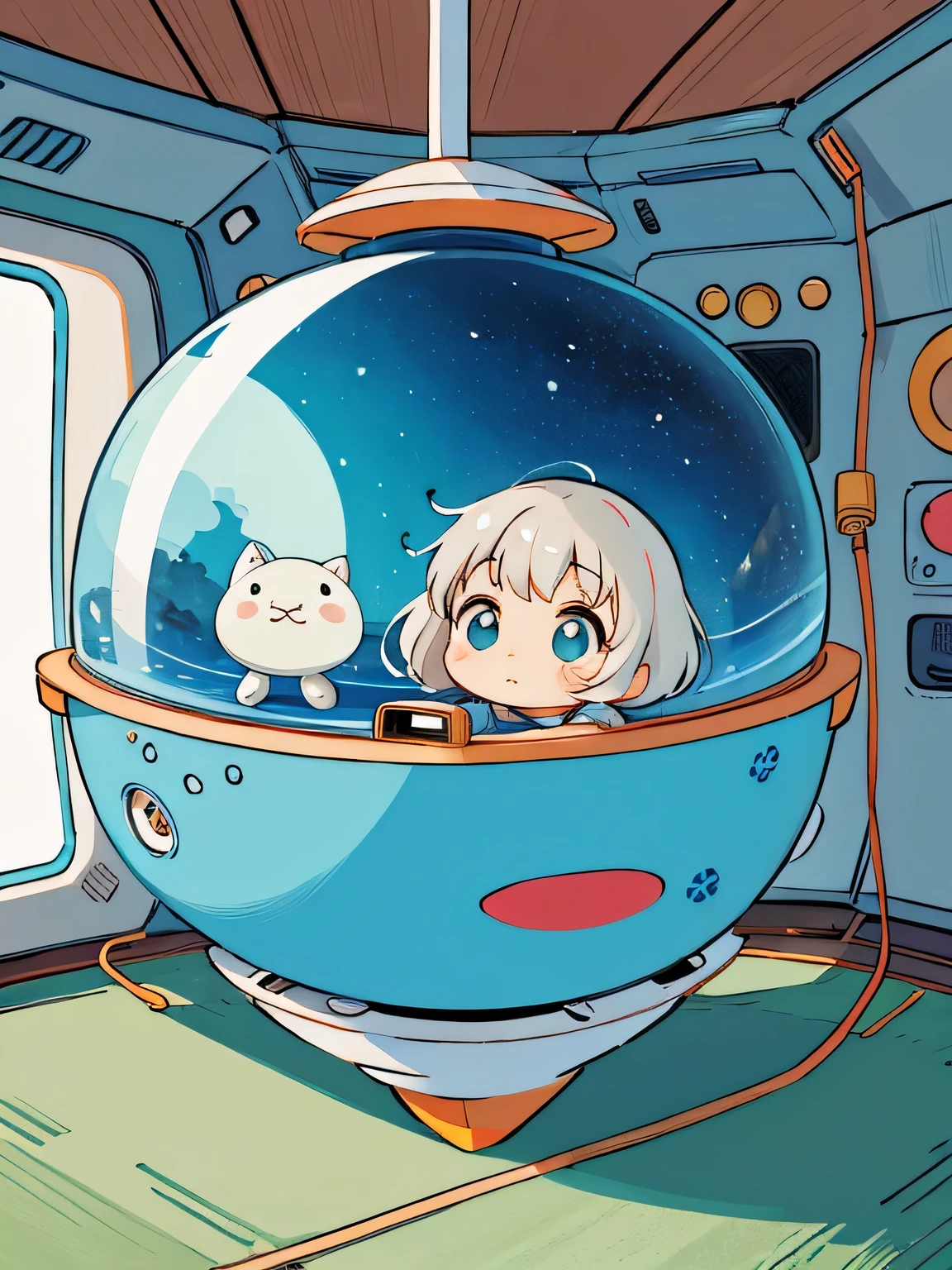 Hayao Miyazaki style、Kawaii Design, most beautiful girl ever、chibi, ((Inside the spaceship)))、