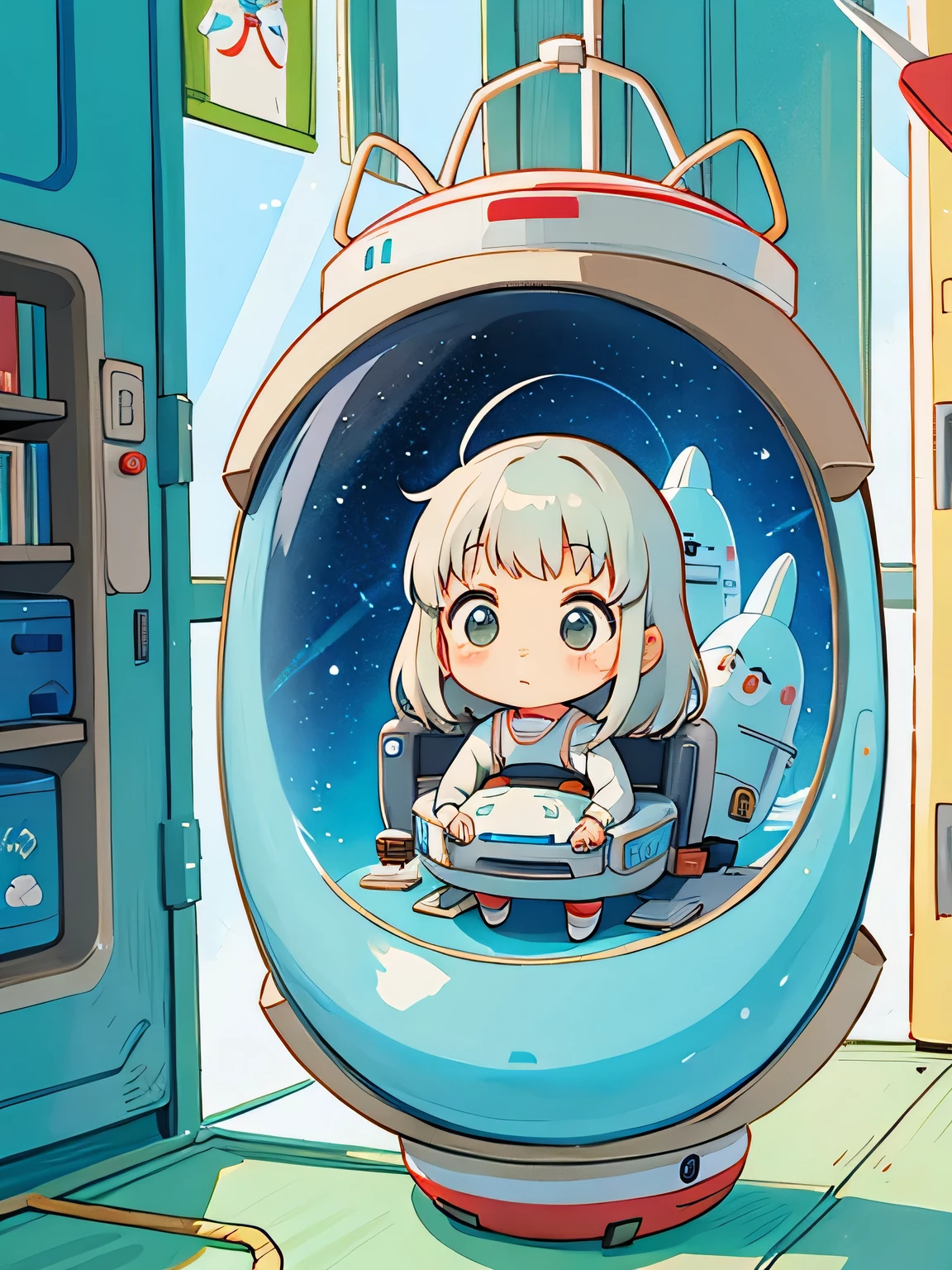 Hayao Miyazaki style、Kawaii Design, most beautiful girl ever、chibi, ((Inside the spaceship)))、