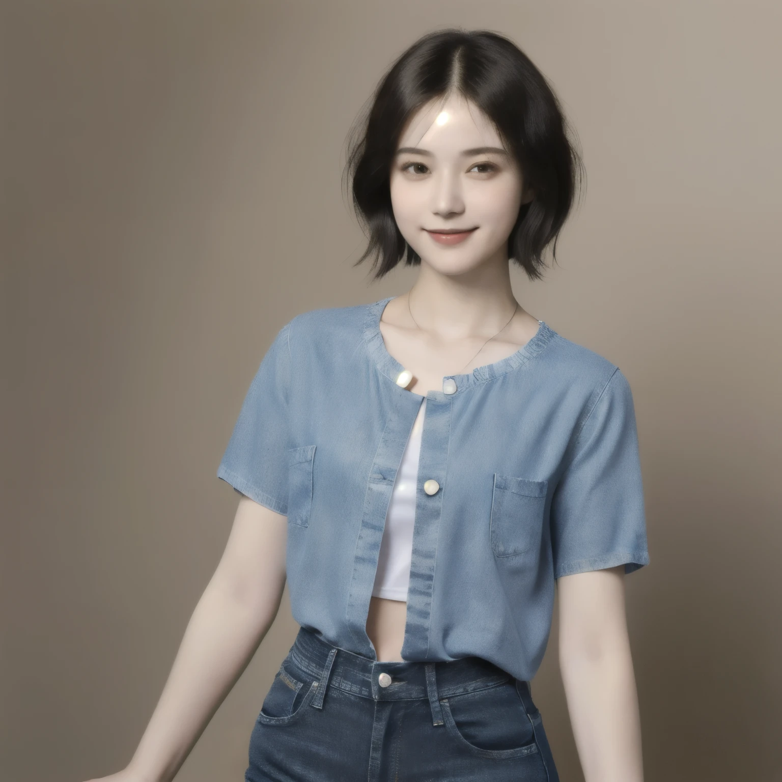 2. 20-year-old female,(short hair:1.46),(chest:1.5),Old-fashioned smile,(Leonardo da Vinci'sTShirt and jeans)