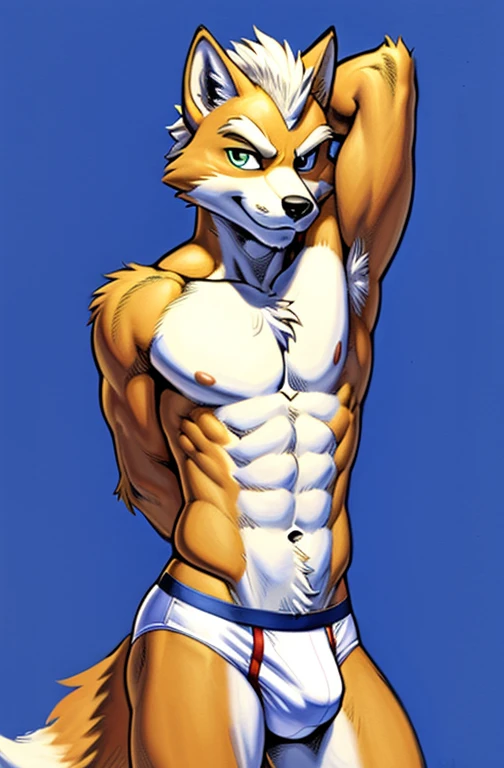 solo, male, Fox McCloud from Starfox, hands behind his back, naked, bulge, skinny toned body, (wearing a white underwear, tighty-whities, white brief), (Portrait Focus), head to thighs, looking at viewer, high detailed, masterpiece, dark blue background, by Meesh