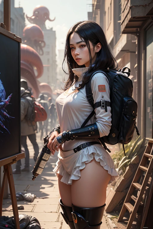 Biopunk. Long black hair, BIG octopus lady A woman who appears once in a millennium, wrapped frilly clothes wrapped all over by pet BIG octopus BIG legs. Kasa Space Mecha Gear Backpack. Artistic value, work of art, artwork, realistic painting, impressionism. There is a jumble of things in the background.