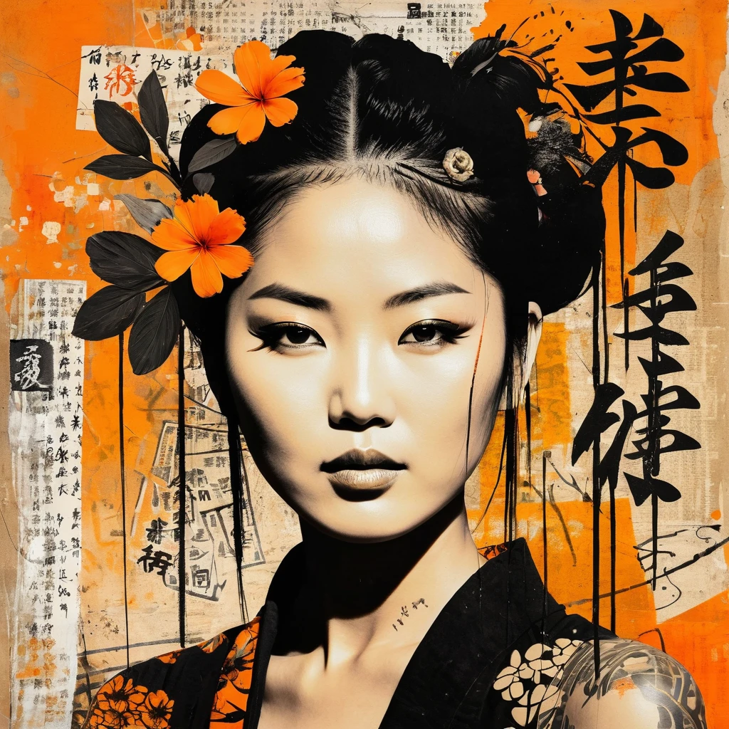 Asian woman, beautiful face, black and orange color tones, wabi-sabi art,  abstract , punk collage ,  urbanpunk, flowerpunk, random textures, random graffiti strokes,  kanji characters, surreal artwork, Impermanence
