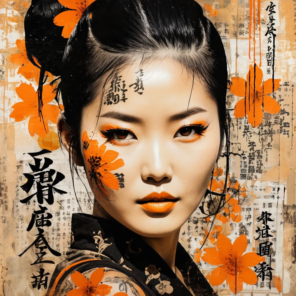 Asian woman, beautiful face, black and orange color tones, wabi-sabi art,  abstract , punk collage ,  urbanpunk, flowerpunk, random textures, random graffiti strokes,  kanji characters, surreal artwork, Impermanence
