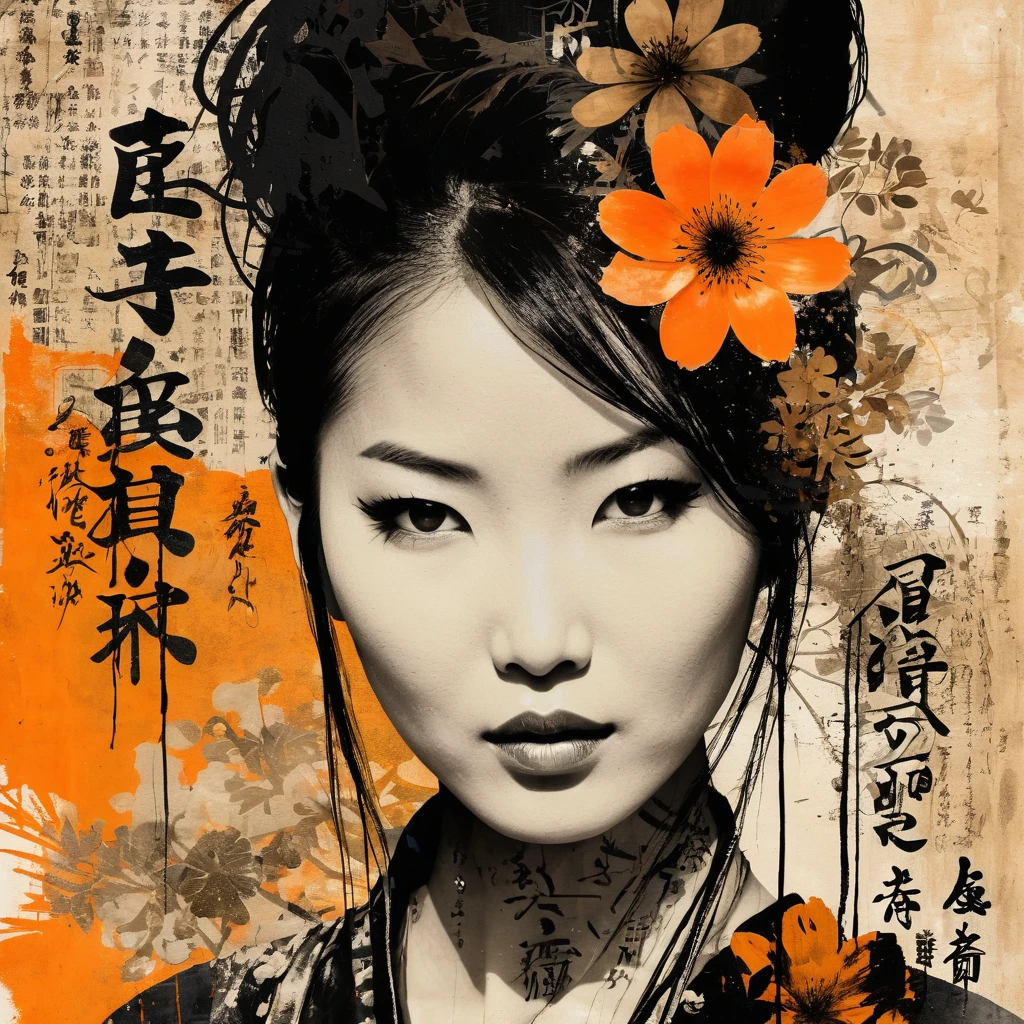 Asian woman, beautiful face, black and orange color tones, wabi-sabi art,  abstract , punk collage ,  urbanpunk, flowerpunk, random textures, random graffiti strokes,  kanji characters, surreal artwork, Impermanence
