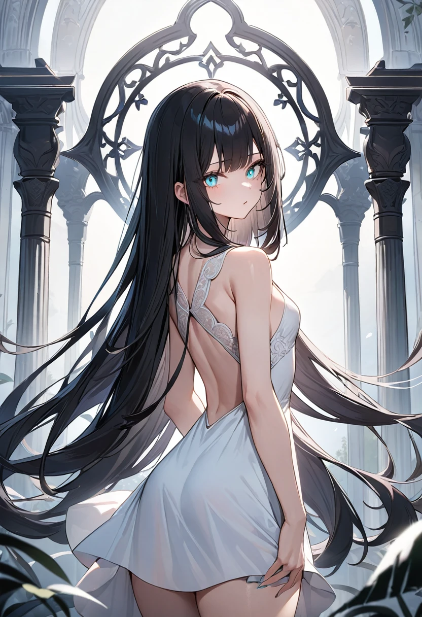 (masterpiece, top quality, very aesthetic, 4k、illustration), intricate detail, 1woman,、solo,contrapposto 、Strong glowing eyes、,(cowboy shot)、light persona、(),beautiful face、looking back、clear face、straight hair、red to black gradient hair、,middle hair,sidelock ,aqua eyes、white Summer Dresses、small breasts、Slim 、