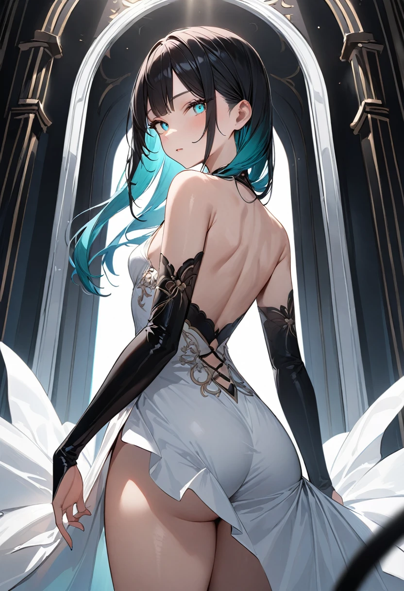 (masterpiece, top quality, very aesthetic, 4k、illustration), intricate detail, 1woman,、solo,contrapposto 、Strong glowing eyes、,(cowboy shot)、light persona、(),beautiful face、looking back、clear face、straight hair、red to black gradient hair、,middle hair,sidelock ,aqua　eyes、white Summer Dresses、small breasts、Slim 、