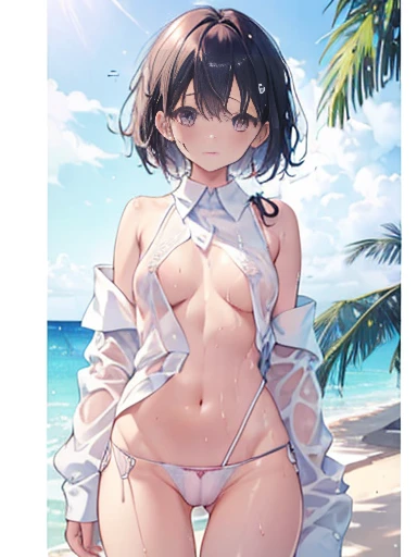 1 girl, single, blue sky, (((wet white shirt)))), ((no bra))))), exposed shoulders and entire navel, no pants, ((((wet thin line thong panties)))), almost completely naked, nsfw, panties almost transparent, (((delicate private details)), (((thin line thong panties))))