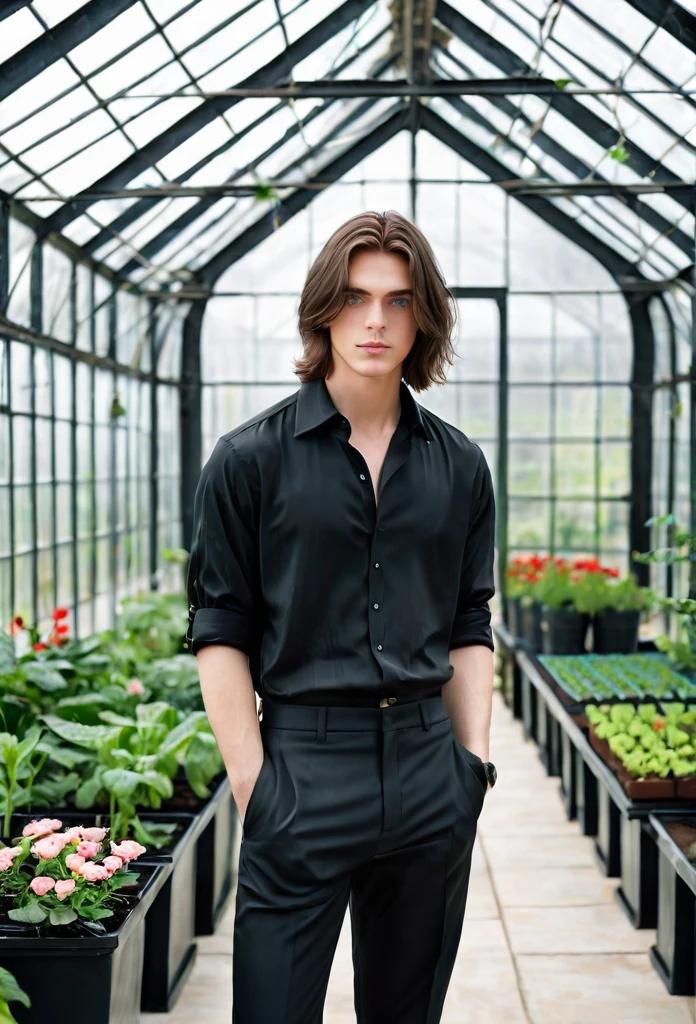 High quality, masterpiece, high definition, ****ung man, 20 years old, dark well-groomed shoulder length hair (3.0), enchanting pale blue eyes (2.0), black shirt (3.0), black homey trousers, full body portrait (3.0), faint smile(2.5), quiet expression (4.0), luxurious greenhouse (4.0), gardening (5.0)