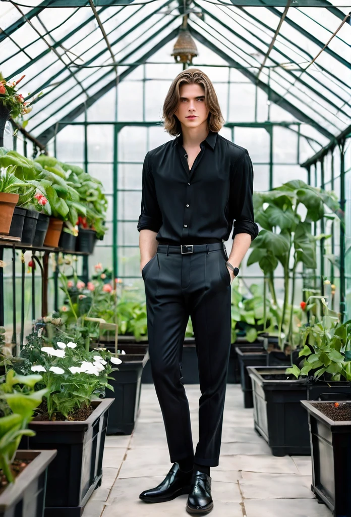 High quality, masterpiece, high definition, ****ung man, 20 years old, dark well-groomed shoulder length hair (3.0), enchanting pale blue eyes (2.0), black shirt (3.0), black homey trousers, full body portrait (3.0), faint smile(2.5), quiet expression (4.0), luxurious greenhouse (4.0), gardening (5.0)