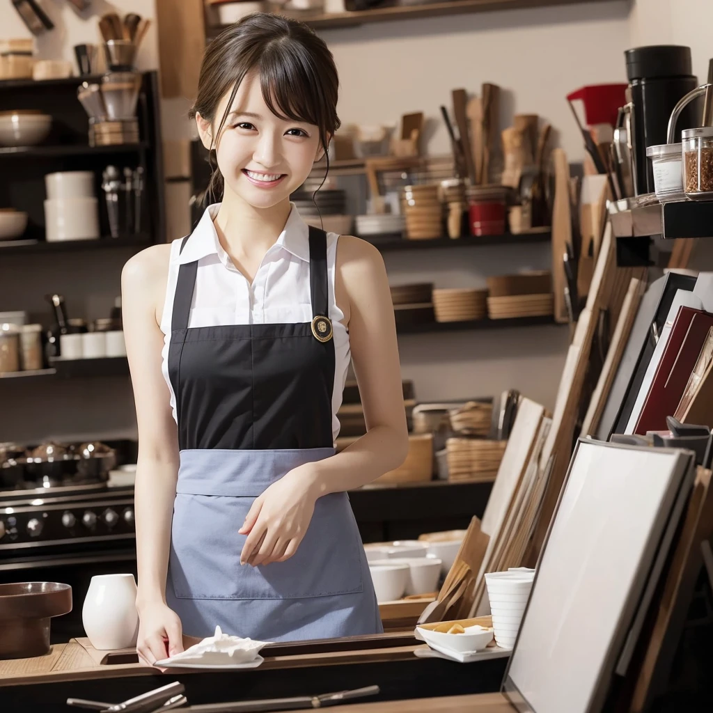 masterpiece, best quality, ultra-detailed, sexy, ero, realistic, real, upper body, Japanese-style room, a cute girl, 1girl, solo, apron, beautiful black hair, beautiful black eyes, beautiful eyes, long hair, smile