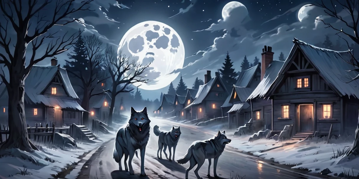  Ghost, Walking with wolves in a haunted village, Night Sky, full moon, Realistic, Full HD, Highest quality