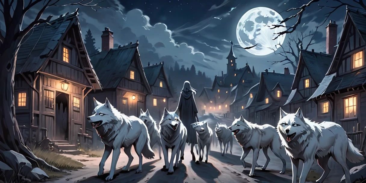 Ghost, Walking with wolves in a haunted village, Night Sky, full moon, Realistic, Full HD, Highest quality