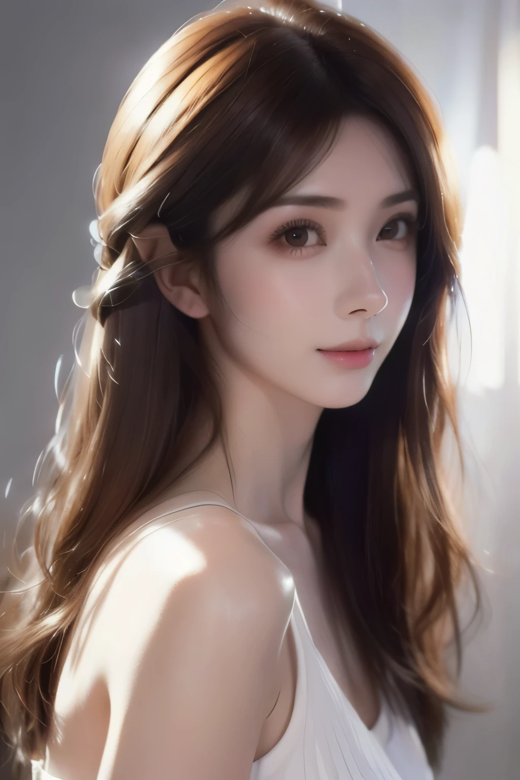 1woman,beautiful vintage color, instagram (photorealistic, high resolution:1.4), ((puffy eyes)), looking at viewer, , full body (8k, RAW photo, best quality, masterpiece:1.2), (realistic, photo-realistic:1.37),(sharp focus:1.2), professional lighting, photon mapping, radiosity, physically-based rendering, (pale skin:1.2),(small breasts:1.2), looking at viewer, (middle hair:1.5), portrait, purple eyes, (sliver hair:1.1),bangs, (simple background:1.4), solo, ((upper body)), realistic,(masterpiece:1.4),(best quality:1.4),(shiny skin),fashi-girl,makeup,smile(skinny,closed mouth,shy :1.3) ,sillious face,