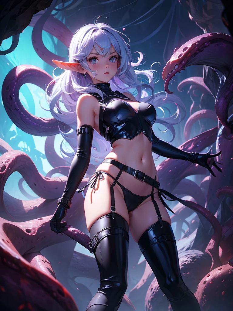 ((perfect anatomy)),((high resolution)), dark background, full body, standing, 1girl, cute and beautiful girl,solo, Futuristic, dynamic pose, medium and pointy breasts,Brown midiam hair, BREAK (((purple side-tie panties)))
BREAK midriff peek,(garter belt,Stockings),arms spread, one arm raised, heavy breathing, trembling, Trembling with fear, a woman in a silver suit, fullbody view, ((shinie silver body suit, blue knee boots, blue long gloves, belt))
BREAK fighting stance
BREAK ((in cave with tentacles)),((cthulhu mythos)),((from below)),(evil and dark goblins being watched),abhorrent,(on tentacle pit),(((tentacles)))