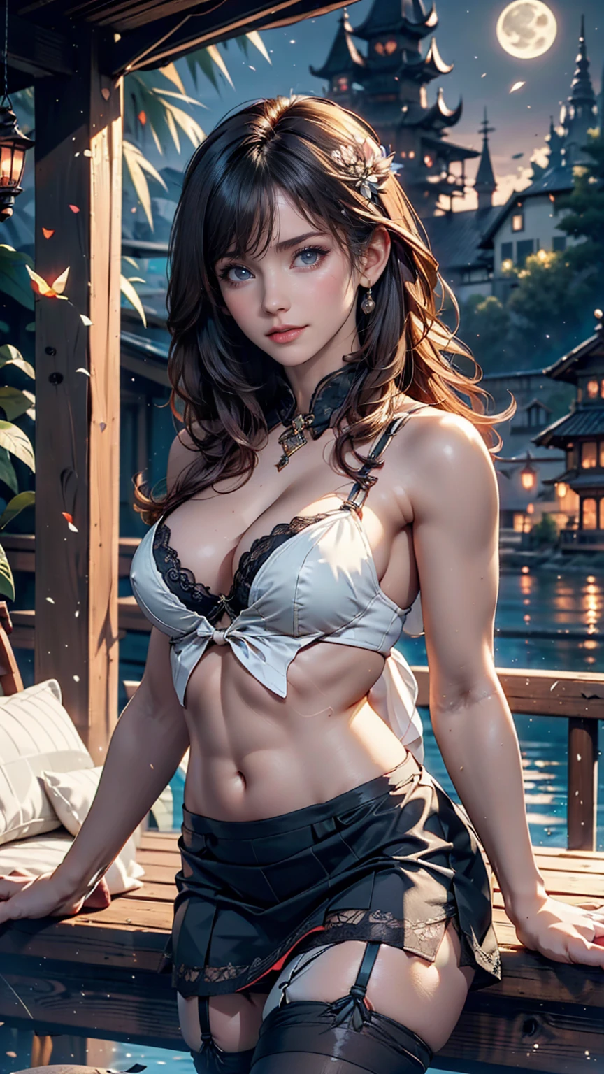(high quality, 8k, original character), (fact: 1.5), (masterpiece, 最high quality, High resolution: 1.2), girl, summer night, (Stockings Smooth texture: 1.5), Sexy skirt, Delicate eyes, Delicate image, boat, river, To the camera, Behind her is a large lotus flower., moonlight, Wind, fire Fly、24-year-old woman、Sexy proportions、Narrow waist、Erotic female body、