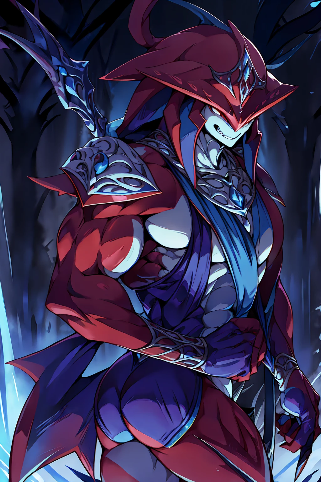 Red body,Blue hood,Slender and huge muscles,armor,Ready your spear,bulging muscles,Evil atmosphere