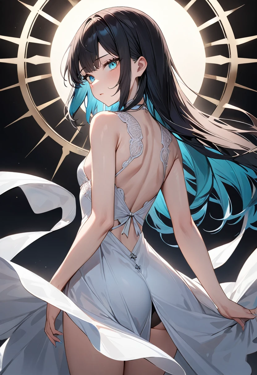 (masterpiece, top quality, very aesthetic, 4k、illustration), intricate detail, 1woman,、solo,contrapposto 、Strong glowing eyes、,(cowboy shot)、light persona、(),beautiful face、looking back、clear face、straight hair、red to black gradient hair、,middle hair,sidelock ,aqua　eyes、white Summer Dresses、small breasts、Slim 、