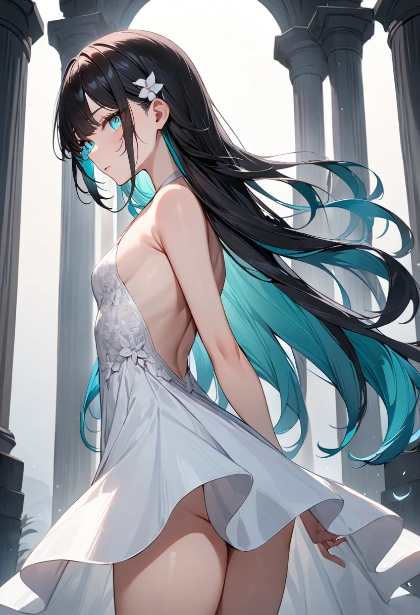 (masterpiece, top quality, very aesthetic, 4k、illustration), intricate detail, 1woman,、solo,contrapposto 、Strong glowing eyes、,(cowboy shot)、light persona、(),beautiful face、looking back、clear face、straight hair、red to black gradient hair、,middle hair,sidelock ,aqua　eyes、white Summer Dresses、small breasts、Slim 、